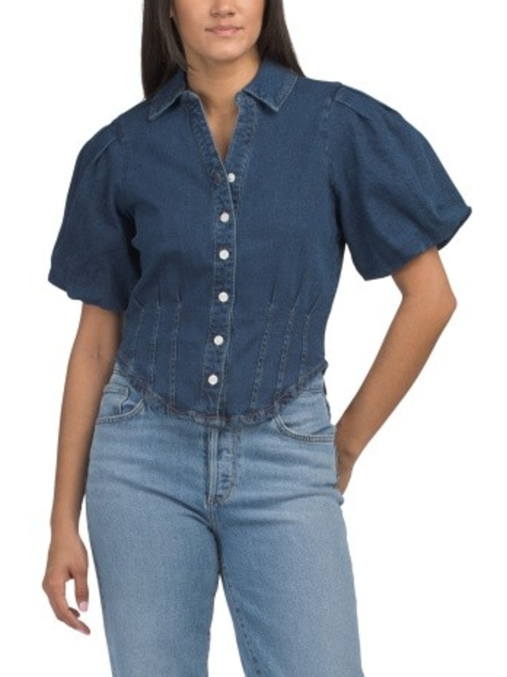 Bagatelle Collection Denim Corset Style Shirt With Puff Sleeves